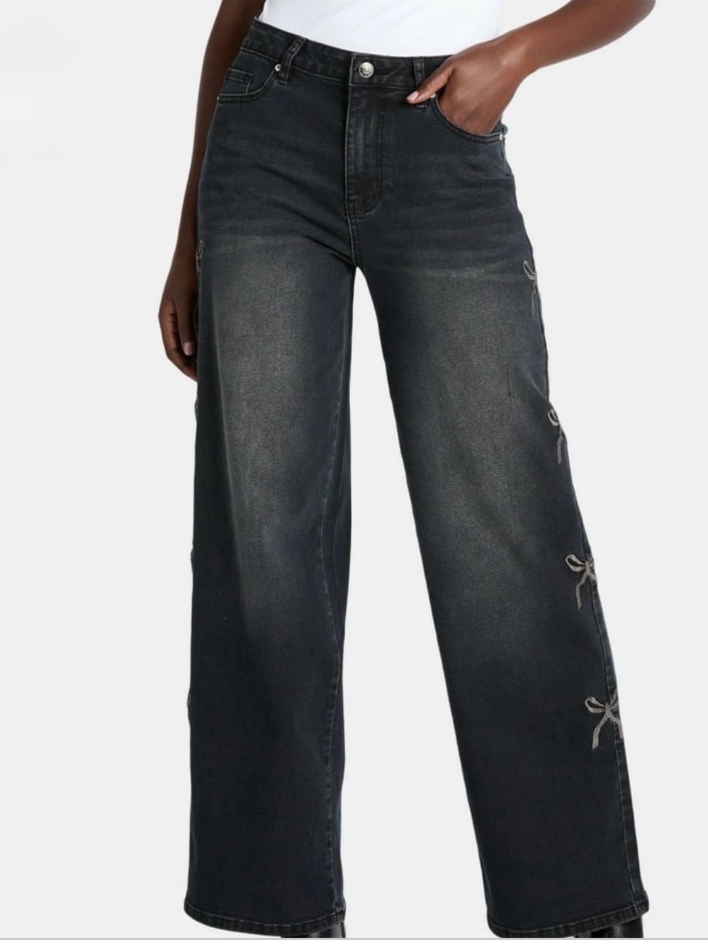 Madden NYC Bow Embroidered Wide Leg Jeans Gray Wash Size 6 Coquette